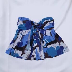 Free People Front Tie Floral Tube Top Button Down Size S Blue Camouflage‎